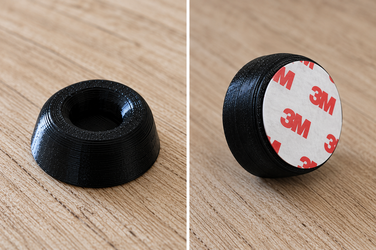 Single black SICLab replacement foot shown from the top and underside with pre-applied double-sided adhesive backing